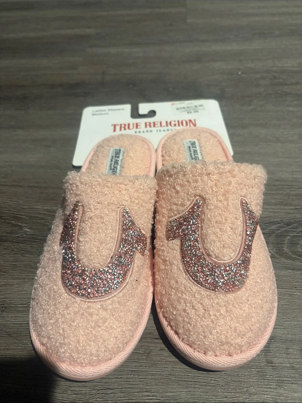 True Religion Kids Pink Sherpa Slide Slippers with Glitter Logo